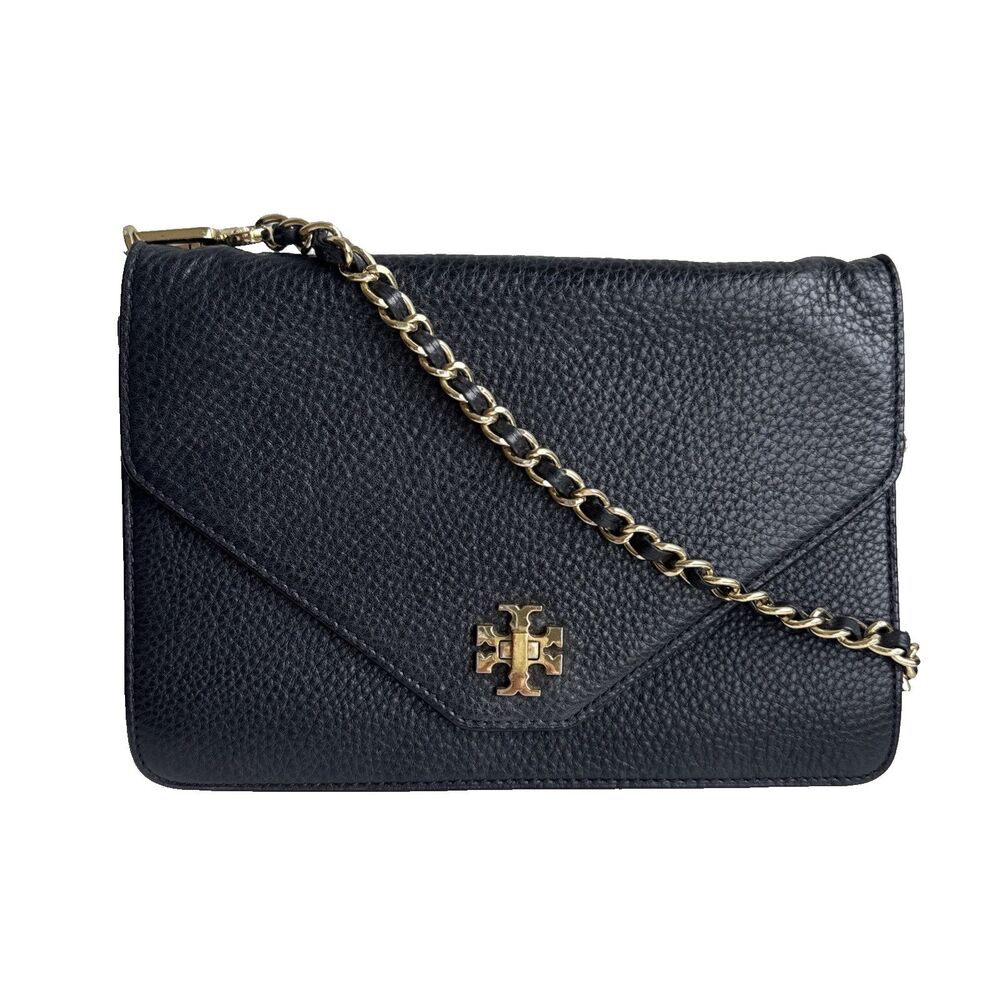 Tory Burch Kira Envelope Crossbody Bag Black Pebbled Leather Gold Chain
